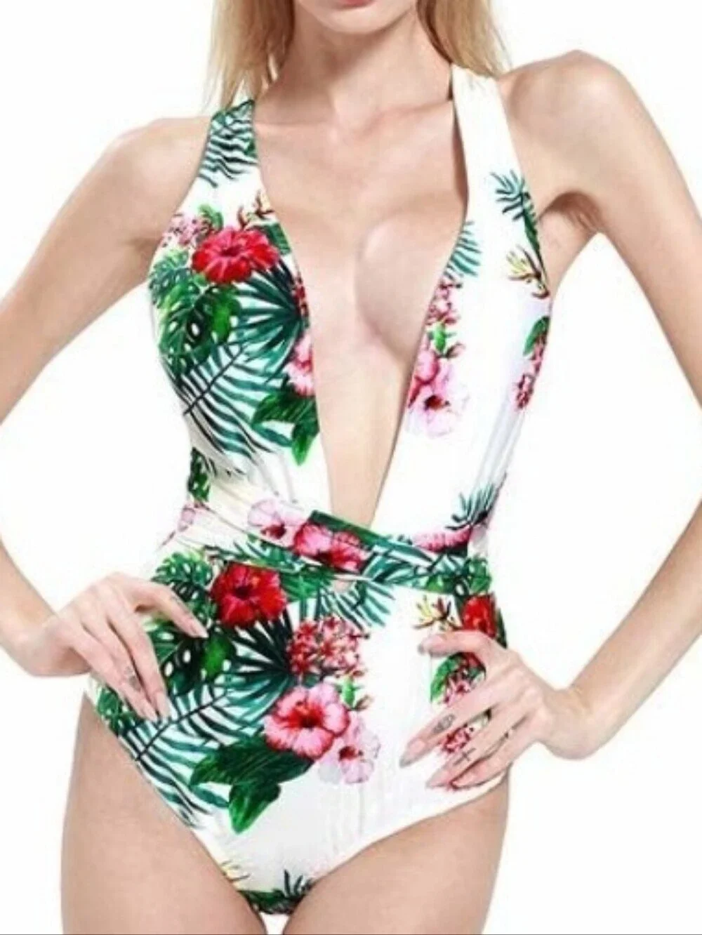 Floral Womens Swimwear Size L Halter Neck Monokini Tropical White Green Cut Out